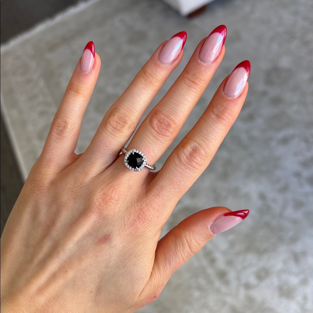Dainty and delicate silver cz rectangle stone ring sterling silver square black